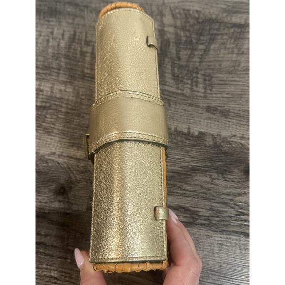 Michael Kors Wicker Clutch Purse Santorini Gold Leather Rattan Coastal Vacation - Picture 2 of 16